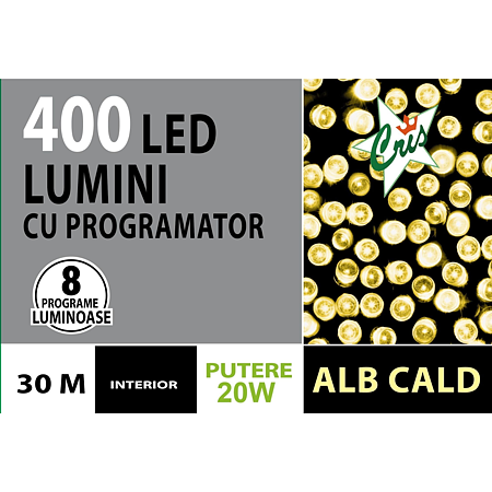 Instalatie sir pentru interior, Cris, alb cald, 400 led, 8 functii, 30 m, alimentare la retea