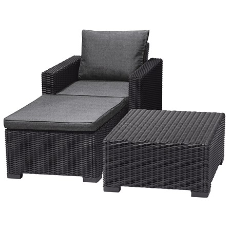 Set mobilier de gradina, 3 piese, Keter Moorea, plastic, masa 68 x 68 x 35cm, fotoliu 83 x 68 x 72cm, taburet 68 x 68 x 40 cm, gri antracit