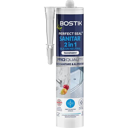 Silicon sanitar 2 in 1, transparent, Bostik Perfect Seal, pentru rosturi sanitare si spatii alimentare, 280 ml 