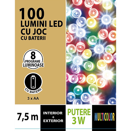 Instalatie brad Craciun, Cris, 100 LED-uri multicolore, 7,5 m, timer, interior / exterior, alimentare baterii