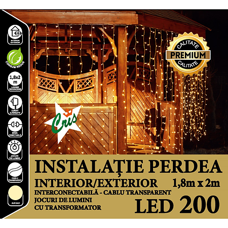 Instalatie decorativa Craciun tip perdea, Cris, 200 LED-uri alb, cu lumina calda, 1.8 x 2 m, interior/exterior, alimentare la retea