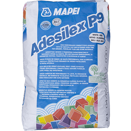 Adeziv flexibil pentru gresie si faianta, Mapei Adesilex P9, interior/exterior, alb, 25 kg