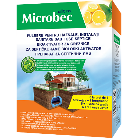 Pulbere pentru haznale, instalatii sanitare sau fose septice Bros Microbec Ultra, 6 x 25 g