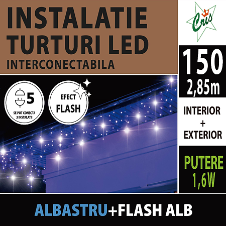 Instalatie perdea, 150 led cu flash, albastru, 3 x 1 m, exterior, interconectabila, alimentare la retea